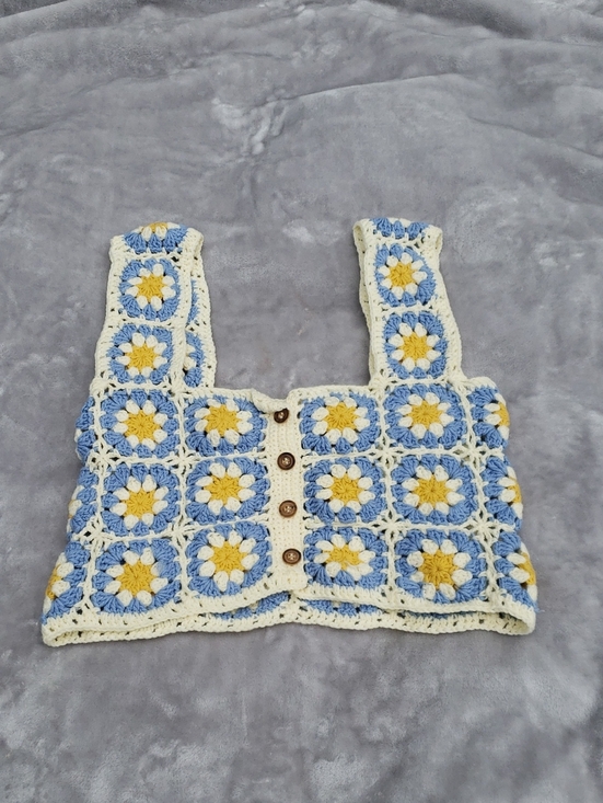 Tops - Handmade Crochet Crop Top in Blue, Yellow & Cream